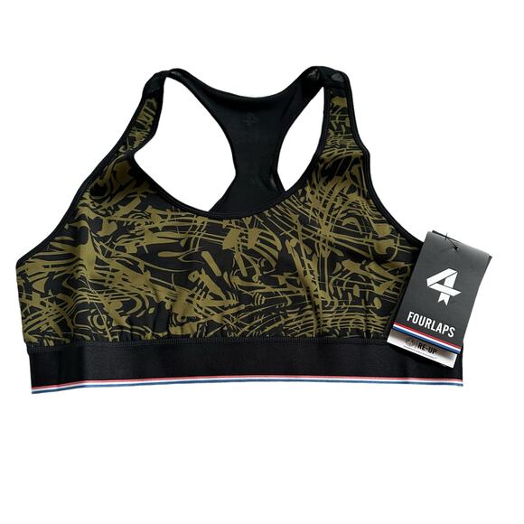 FOURLAPS Black Avocado Tuxedo Topo Swirl Circuit Sports Bra Size Large NWT Gym - Picture 1 of 7
